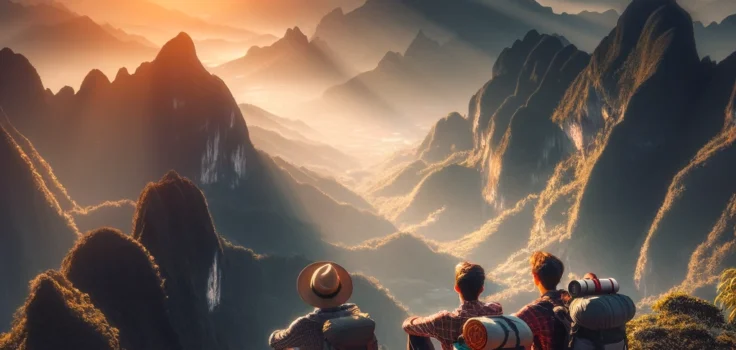 Backpackers enjoying a scenic view from a mountain peak in Asia, illustrating budget-friendly travel.