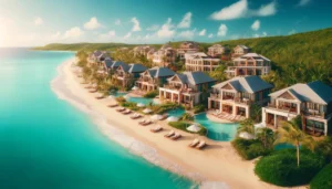 Luxury beach resort in the Caribbean, featuring opulent villas and turquoise waters, embodying tropical luxury and relaxation.