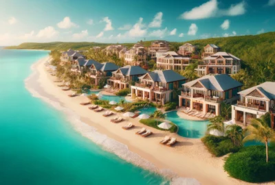 Luxury beach resort in the Caribbean, featuring opulent villas and turquoise waters, embodying tropical luxury and relaxation.