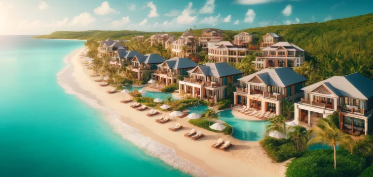 Luxury beach resort in the Caribbean, featuring opulent villas and turquoise waters, embodying tropical luxury and relaxation.