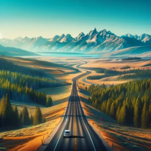 Panoramic view of a scenic route across the United States with a car traveling on an open road surrounded by diverse landscapes, symbolizing adventure and freedom.