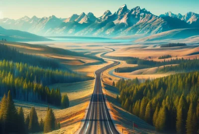 Panoramic view of a scenic route across the United States with a car traveling on an open road surrounded by diverse landscapes, symbolizing adventure and freedom.