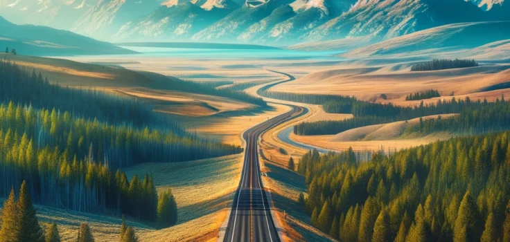 Panoramic view of a scenic route across the United States with a car traveling on an open road surrounded by diverse landscapes, symbolizing adventure and freedom.