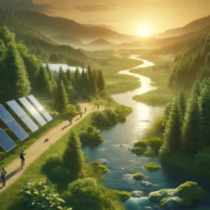 A serene landscape showcasing eco-friendly travel with a focus on sustainable practices and natural beauty, representing the essence of responsible tourism in 2024.
