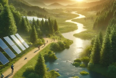 A serene landscape showcasing eco-friendly travel with a focus on sustainable practices and natural beauty, representing the essence of responsible tourism in 2024.