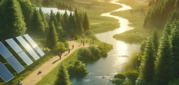 A serene landscape showcasing eco-friendly travel with a focus on sustainable practices and natural beauty, representing the essence of responsible tourism in 2024.