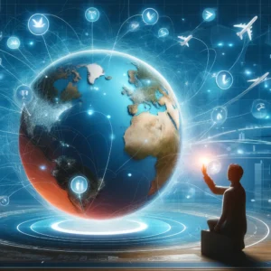 An illustrated concept of a person browsing through various online flight deals on a digital globe interface, highlighting options for different continents.