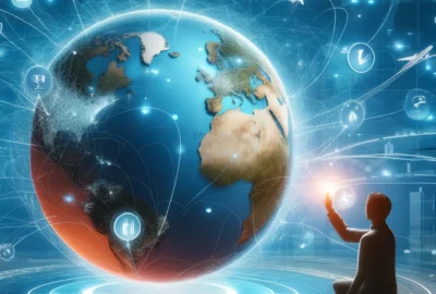 An illustrated concept of a person browsing through various online flight deals on a digital globe interface, highlighting options for different continents.