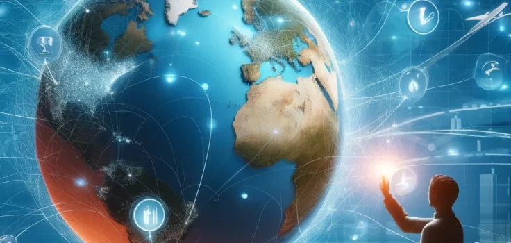 An illustrated concept of a person browsing through various online flight deals on a digital globe interface, highlighting options for different continents.