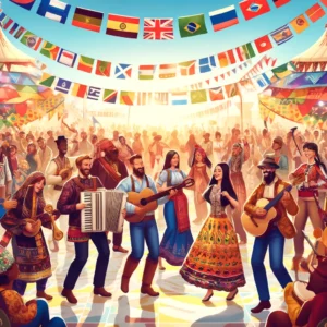 People celebrating at a vibrant cultural festival with traditional costumes and music, embodying the spirit of global heritage and unity.