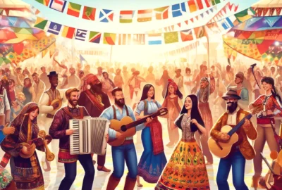 People celebrating at a vibrant cultural festival with traditional costumes and music, embodying the spirit of global heritage and unity.