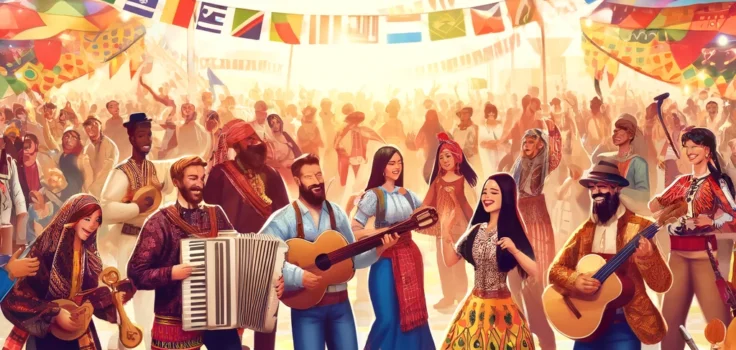 People celebrating at a vibrant cultural festival with traditional costumes and music, embodying the spirit of global heritage and unity.