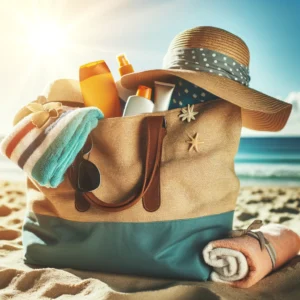 A packed beach bag with sunscreen, towels, sunglasses, and a wide-brimmed hat on a sunny beach.