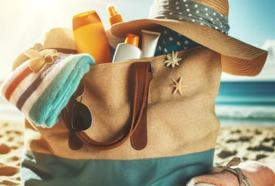 A packed beach bag with sunscreen, towels, sunglasses, and a wide-brimmed hat on a sunny beach.