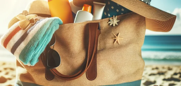 A packed beach bag with sunscreen, towels, sunglasses, and a wide-brimmed hat on a sunny beach.