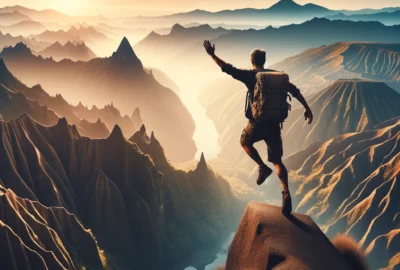 An adventurous traveler stands on a high cliff overlooking a dramatic landscape, ready to dive into the unknown, embodying the spirit of adventure travel.