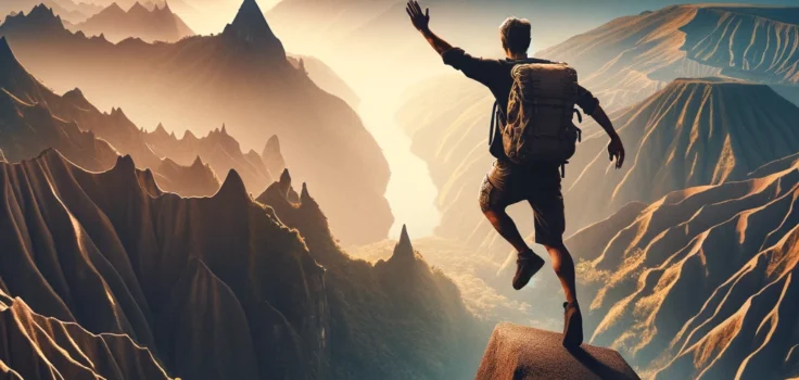 An adventurous traveler stands on a high cliff overlooking a dramatic landscape, ready to dive into the unknown, embodying the spirit of adventure travel.