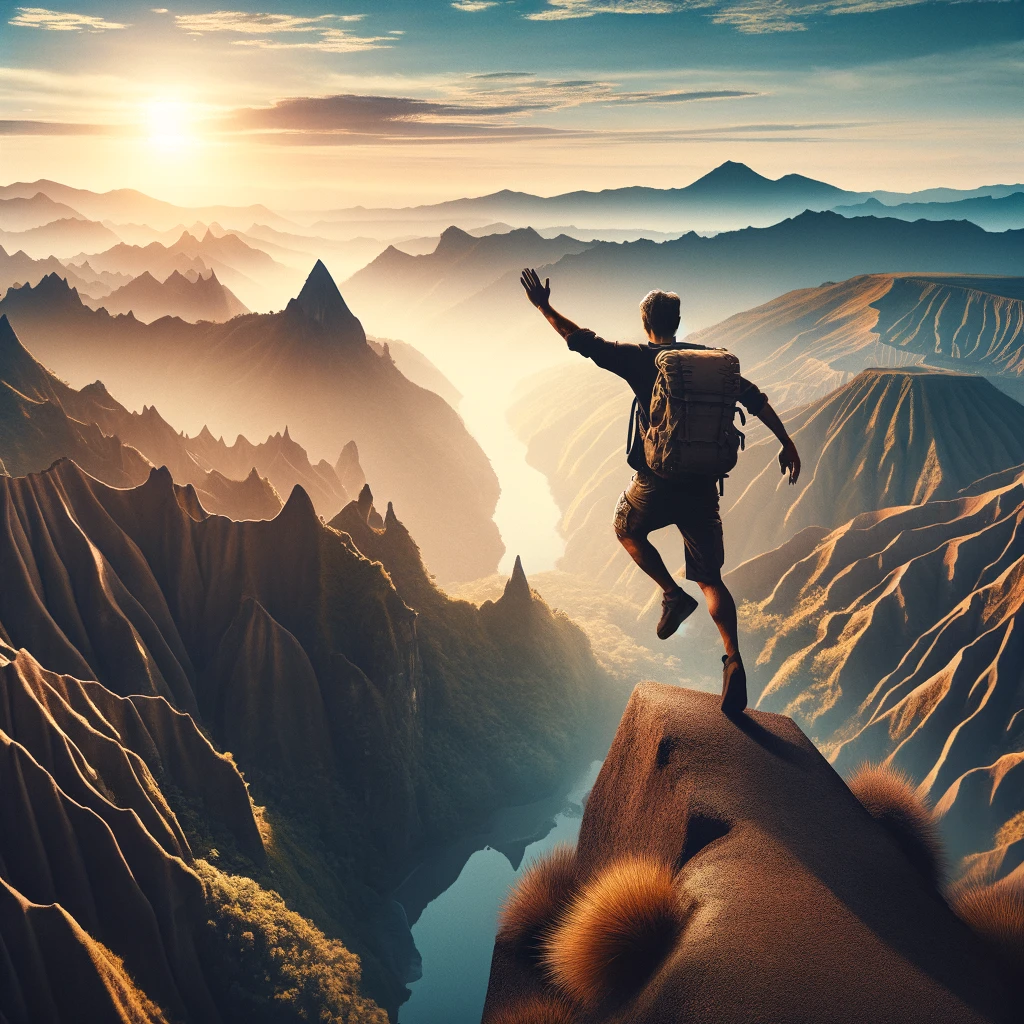 An adventurous traveler stands on a high cliff overlooking a dramatic landscape, ready to dive into the unknown, embodying the spirit of adventure travel.