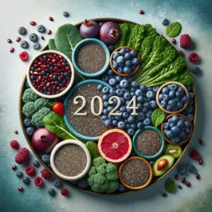 A colorful array of superfoods including blueberries, chia seeds, and kale, symbolizing health and nutrition for 2024.