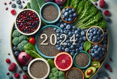 A colorful array of superfoods including blueberries, chia seeds, and kale, symbolizing health and nutrition for 2024.