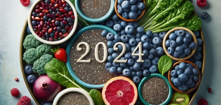 A colorful array of superfoods including blueberries, chia seeds, and kale, symbolizing health and nutrition for 2024.