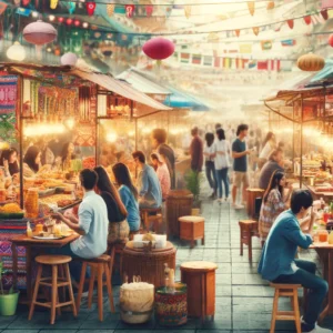 A bustling street food market with diverse stalls offering local delicacies from around the world.