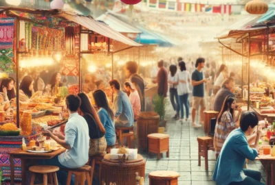 A bustling street food market with diverse stalls offering local delicacies from around the world.