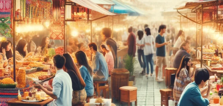 A bustling street food market with diverse stalls offering local delicacies from around the world.