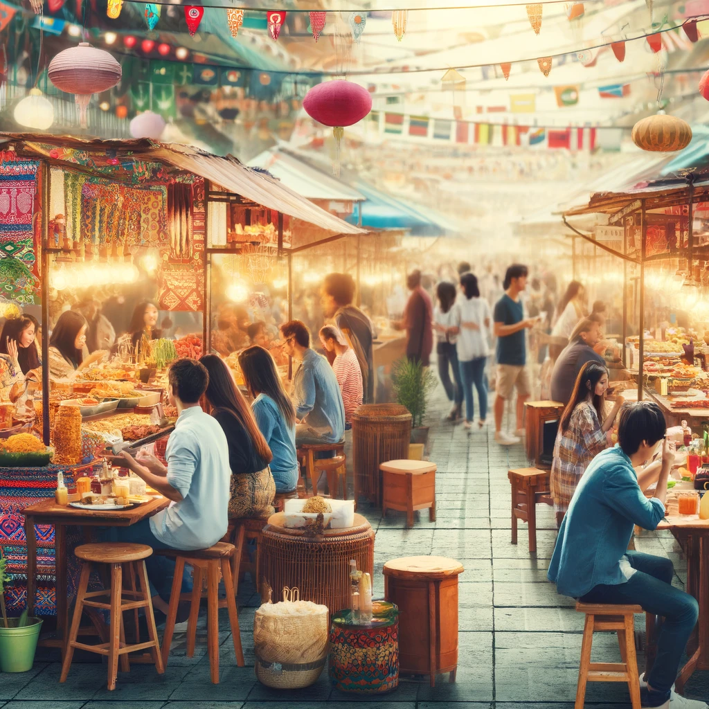 A bustling street food market with diverse stalls offering local delicacies from around the world.