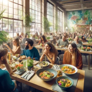 A vibrant dining scene at a vegan restaurant in a major city, showcasing a diverse crowd enjoying a variety of colorful plant-based dishes.