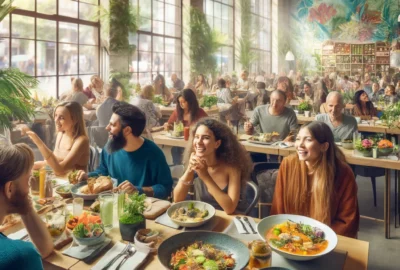 A vibrant dining scene at a vegan restaurant in a major city, showcasing a diverse crowd enjoying a variety of colorful plant-based dishes.