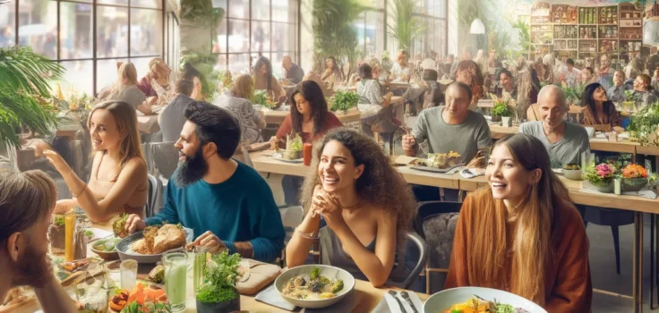 A vibrant dining scene at a vegan restaurant in a major city, showcasing a diverse crowd enjoying a variety of colorful plant-based dishes.