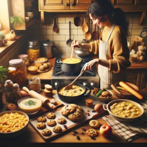A cozy kitchen scene with a person preparing various types of comfort food, such as macaroni and cheese, chicken soup, and freshly baked cookies, showcasing warmth and homemade goodness.