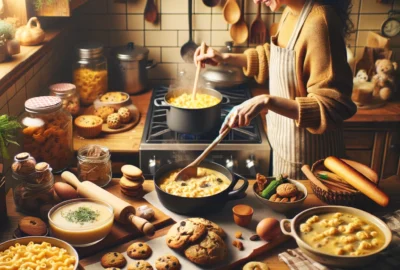 A cozy kitchen scene with a person preparing various types of comfort food, such as macaroni and cheese, chicken soup, and freshly baked cookies, showcasing warmth and homemade goodness.