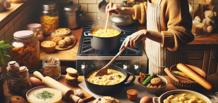 A cozy kitchen scene with a person preparing various types of comfort food, such as macaroni and cheese, chicken soup, and freshly baked cookies, showcasing warmth and homemade goodness.
