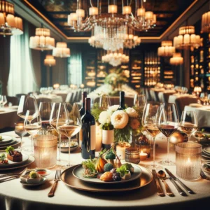 An elegantly set dining table with various wines perfectly paired with an assortment of gourmet dishes, enhancing the ambiance and flavor of the meal.
