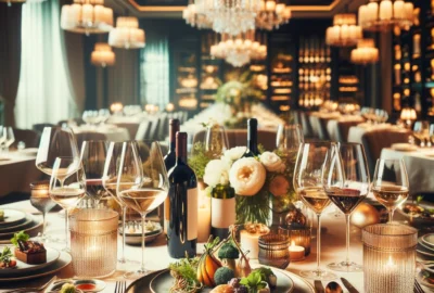 An elegantly set dining table with various wines perfectly paired with an assortment of gourmet dishes, enhancing the ambiance and flavor of the meal.