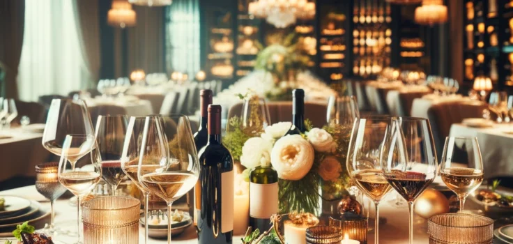 An elegantly set dining table with various wines perfectly paired with an assortment of gourmet dishes, enhancing the ambiance and flavor of the meal.