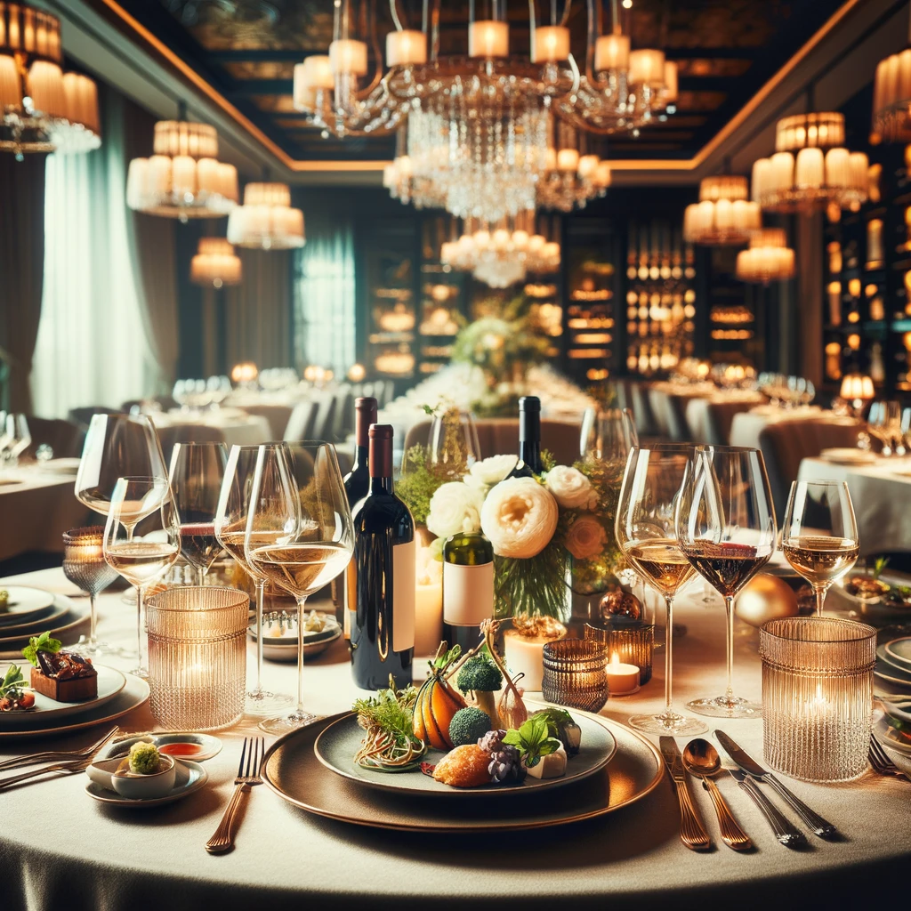 An elegantly set dining table with various wines perfectly paired with an assortment of gourmet dishes, enhancing the ambiance and flavor of the meal.