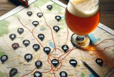 A map dotted with various craft breweries, a glass of craft beer nearby, symbolizing the journey of exploring local breweries.