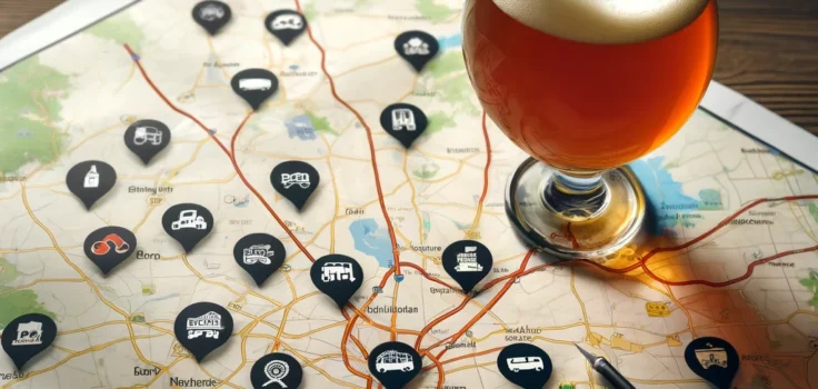 A map dotted with various craft breweries, a glass of craft beer nearby, symbolizing the journey of exploring local breweries.