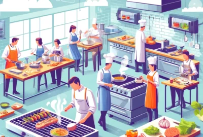 Illustration of various cooking techniques being applied in a modern kitchen setting, highlighting grilling, steaming, and sautéing.