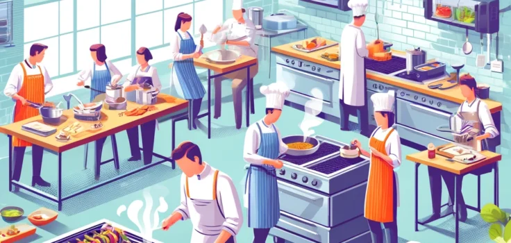 Illustration of various cooking techniques being applied in a modern kitchen setting, highlighting grilling, steaming, and sautéing.