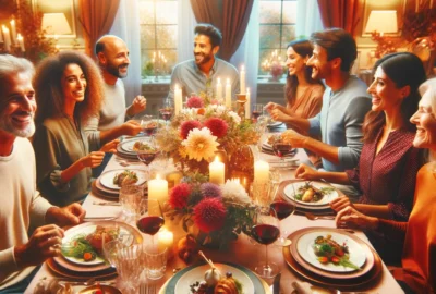 Guests enjoying a beautifully decorated dinner table at a well-hosted dinner party.