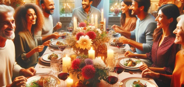 Guests enjoying a beautifully decorated dinner table at a well-hosted dinner party.