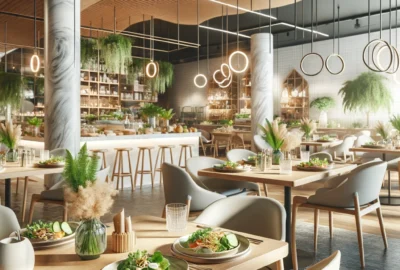 A stylish, modern dining area in a health-conscious restaurant with tables set with organic dishes, reflecting a focus on sustainability and nutritional eating.