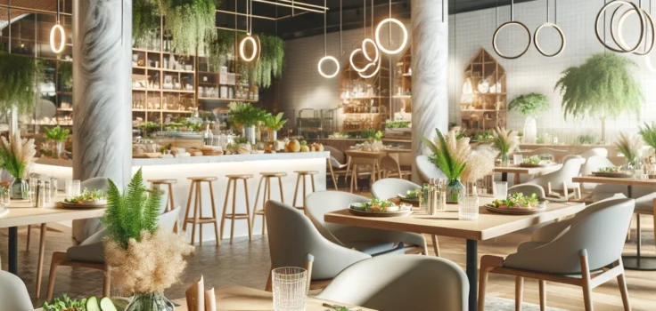 A stylish, modern dining area in a health-conscious restaurant with tables set with organic dishes, reflecting a focus on sustainability and nutritional eating.