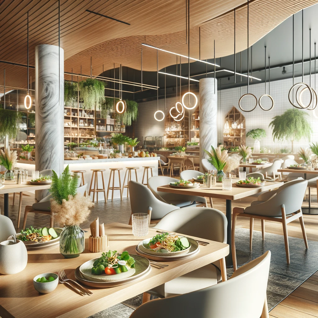 A stylish, modern dining area in a health-conscious restaurant with tables set with organic dishes, reflecting a focus on sustainability and nutritional eating.