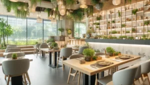 Modern and stylish interior of a health-conscious restaurant featuring eco-friendly decor and a serene dining atmosphere