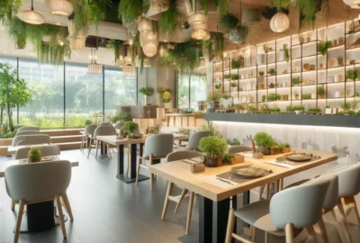 Modern and stylish interior of a health-conscious restaurant featuring eco-friendly decor and a serene dining atmosphere